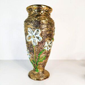 Studio Pottery Gold Tone Floral Tall Ceramic Vase With Blue Flowers Signed Leta
